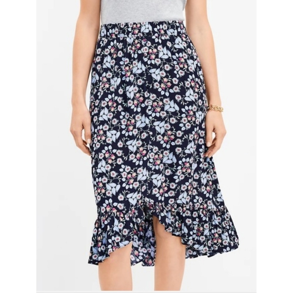 LOFT Floral High Low Midi Skirt Womens SP Navy Blue Ruffle Hem Button Front